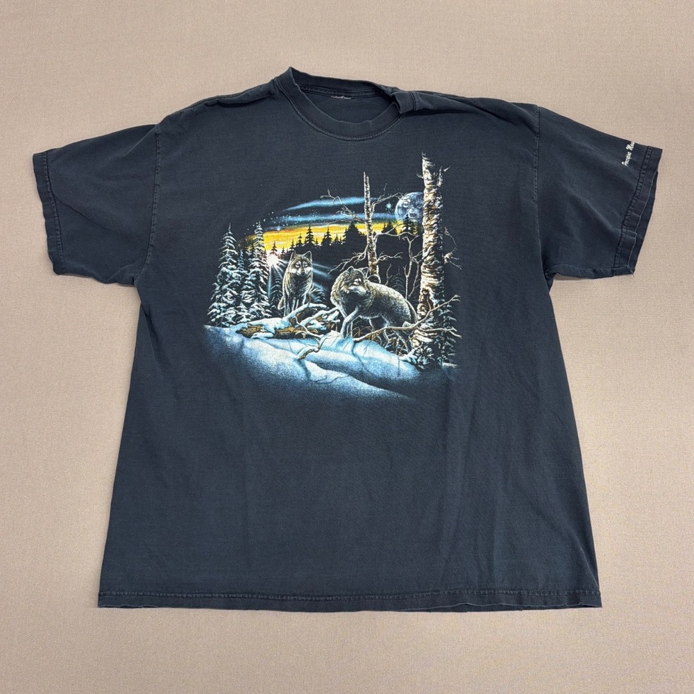 Vintage Wolf Graphic T-Shirt Black Porcupine Mountains Nature Scene Mens Large